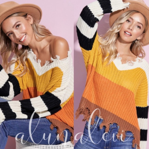 Cozy Distressed Color Block Stripes Sweater Top